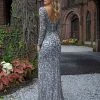 Discontinued Long Sleeve Dresses Primavera Couture 3173 Evening Gown Pewter Long Sleeve Fitted Formal Dress