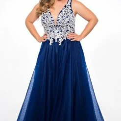 Sydney's Closet SC7291 V Neckline Lace Bodice Tulle Ball Gown Prom Dress Corset Formal SC 7291 Ballgown Dresses