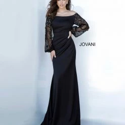 Jovani 1156 Off The Shoulder Long Sleeve Evening Dress Black Sheer Sleeves Long Sleeve Dresses