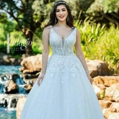 Ballgown Dresses Adagio Bridal W9374 Sheer Plunging Neckline Wedding Dress Bridal Gown Ballgown 9374