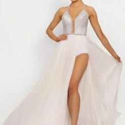 In Stock Johnathan Kayne 2219 Plunging Neckline Bodysuit With Overskirt And High Slit Size 4