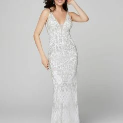 In Stock Primavera Couture 3433 Blush Prom Dress Long Beaded V Neckline Formal Dress Backless Dresses