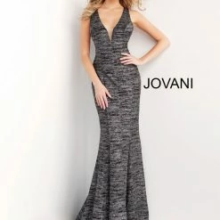 Jovani 45811 Glitter Shimmer Prom Dress Plunging Neckline Jersey Mermaid Fitted