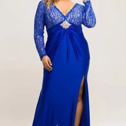 Discontinued Long Sleeve Dresses Johnathan Kayne For Sydneys Closet JK 2003 Lace Plus Size Prom Dress Side Slit