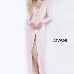 Jovani 3060 Low V Neckline Long Sleeve Evening Gown With High Slit Bodysuit