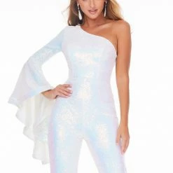 In Stock Ashley Lauren 11047 Size 6 One Long Bell Sleeve Flare Sequin Jumpsuit Pageant Wear