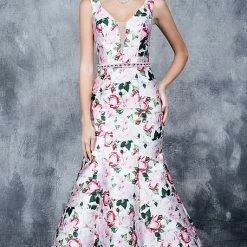 In Stock Nina Canacci 1393 Size 0 White Print Floral Mermaid Prom Dress Evening Gown V Neckline Mermaid Dresses