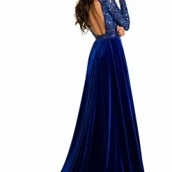 Long Sleeve Dresses Johnathan Kayne 8013 Velvet Pageant Gown Long Sleeve Open Back Prom Dress Stretch Velvet Overskirt