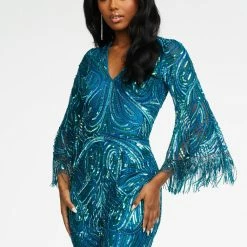 Ashleylauren Ashley Lauren 11181 Fully Beaded Bell Sleeve Jumpsuit With Fringe Details