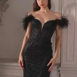 In Stock CD 829 Size 6 Black Knee Length Fitted Glitter & Feather Embellished Cocktails Dress Formal Black Tie