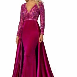 Long Sleeve Dresses Johnathan Kayne 8013 Velvet Pageant Gown Long Sleeve Open Back Prom Dress Stretch Velvet Overskirt