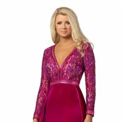 Long Sleeve Dresses Johnathan Kayne 8013 Velvet Pageant Gown Long Sleeve Open Back Prom Dress Stretch Velvet Overskirt