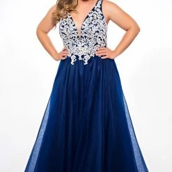 In Stock Sydney's Closet SC7291 Size 14 Navy Prom Dress V Neckline Lace Bodice Tulle Ball Gown SC 7291 Ballgown Dresses