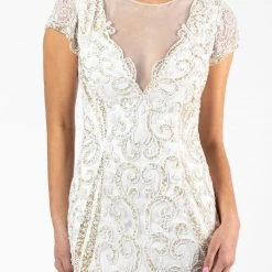 Discontinued Long Sleeve Dresses Primavera Couture 3190 Nude Beaded Evening Gown