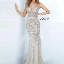 Mermaid Dresses Jovani 02798 Sheer Feather Mermaid Embellished Formal Evening Gown Couture