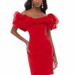 Ashleylauren Ashley Lauren 4337 Red Cocktail Dress With Oversized Ruffle Neckline Off The Shoulder