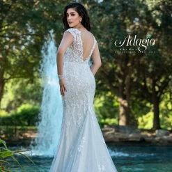 Mermaid Dresses Adagio Bridal W9376 Sequin Applique Tulle Wedding Dress Bridal Gown Cap Sleeves 9376