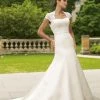 In Stock Backless Dresses Mon Cheri 110230 Size 26W Satin Fit & Flare Wedding Dress Lace Sheer Cap Sleeves