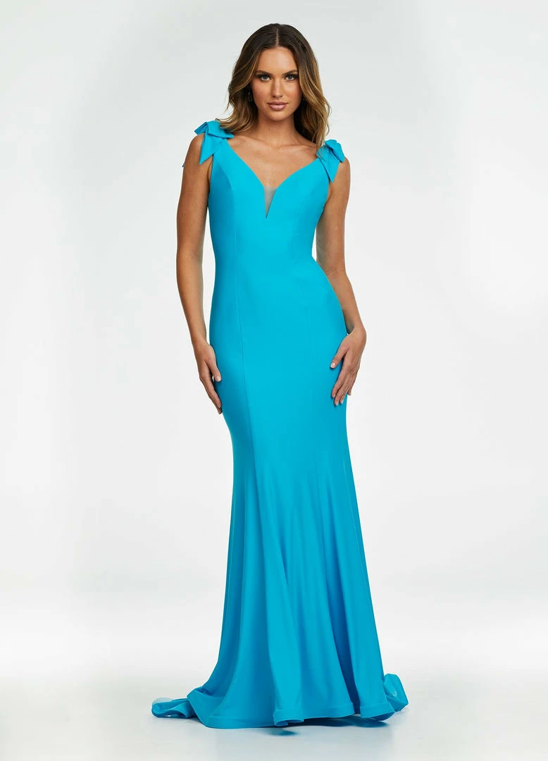 Ashleylauren Ashley Lauren 11183 Jersey Evening Gown With Bows & Draped Details In The Back 12 Ashleylauren Ashley Lauren 11183 Jersey Evening Gown With Bows & Draped Details In The Back