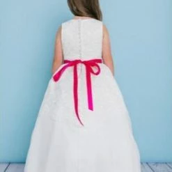 Rosebuds 5125 Tea Length Lace Flower Girl Dress Embellished Ribbon Sash