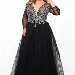 Ballgown Dresses Sydney's Closet SC7299 Sheer Sleeves Tulle Prom Dress Ball Gown Lace Top And Sleeves SC 7299