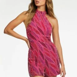 Ashleylauren Ashley Lauren 4489 Halter Beaded Romper Jumpsuits & Rompers