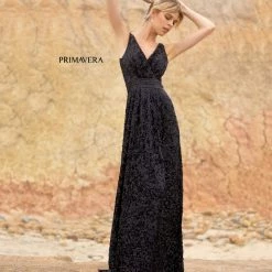 Primavera Couture 3795 Sequined Evening Gown V Neckline V Back Prom Dress A Line Sequin Dresses