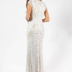 Discontinued Long Sleeve Dresses Primavera Couture 3190 Nude Beaded Evening Gown