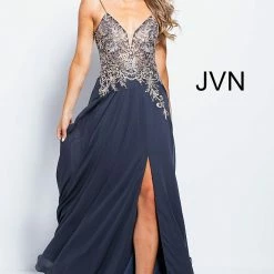 Discontinued Jovani JVN55885 Embellished V Neckline Prom Dress Spaghetti Straps Flowy Formal Ballgown Dresses
