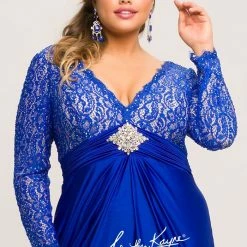 Discontinued Long Sleeve Dresses Johnathan Kayne For Sydneys Closet JK 2003 Lace Plus Size Prom Dress Side Slit