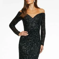 Ashleylauren Ashley Lauren 11176 Off The Shoulder Sequin Evening Gown With Long Sleeves Sequin Dresses