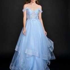 In Stock Ballgown Dresses Nina Canacci 5205 Size 12 Long Sheer Ruffle Ballgown Off The Shoulder Bridal Gown Dress