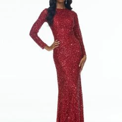 Ashleylauren Ashley Lauren 1985 Ruby Red Evening Dress Sheer Long Sleeves Beaded Prom Dress Pageant Gown