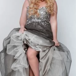 In Stock Ballgown Dresses Sydney's Closet SC7329 Size 14 Glitter And Lace Prom Dress Ball Gown Plus Sized SC 7329