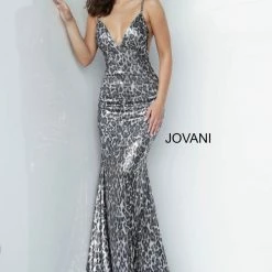 Jovani 4087 Sequin Animal Print Long Prom Dress V Neck Formal Gown Sheer