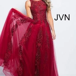 In Stock Ballgown Dresses Jovani JVN59046 Fuchsia Prom Dress Size 12 Sheer Tulle Lace High Neck Ballgown Formal Gown