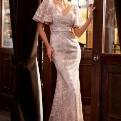 In Stock CD 061 Size 10 Long Lace Mother Of Formal Evening Gown Ruffle Sleeve V Neck Dress Bell Sleeves