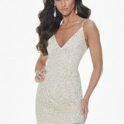 Ashleylauren Ashley Lauren 4387 Pink Cocktail Dress Sequins With Fringe Hem V Neckline Sequin Dresses