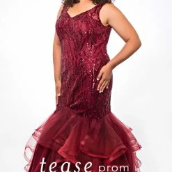In Stock Tease Prom TE 2048 Size 14 Burgundy Embellished Mermaid Plus Size Prom Dress