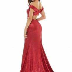 In Stock Ashley Lauren 11006 Red Size 10 Metallic Prom Dress With Twist Knot Off The Shoulder Mermaid Dresses