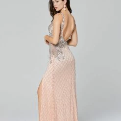 In Stock Primavera Couture 3466 Size 4 Beaded Floral Fitted V Neck Prom Dress Slit