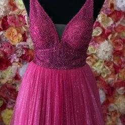 In Stock Ballgown Dresses Jovani JVN05818 Fuchsia Prom Dress Long A Line Glitter Tulle Sheer V Neck Backless Embellished Size 8