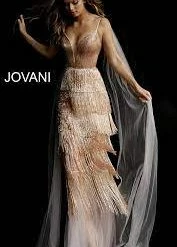 Jovani 65346 Blush Long Fringe Sheer Couture Pageant Dress Fringe & Tassels
