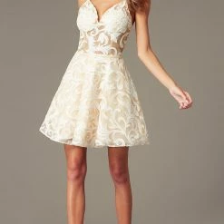 In Stock Nina Canacci 265 Size 4 Short Sheer Lace Ivory Cocktail Dress Sequin Fit & Flare