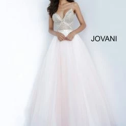 Jovani 00580 Blush Beaded Bodice Tie Back Prom Dress Ball Gown Ballgown Dresses