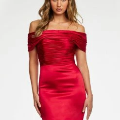 Ashleylauren Ashley Lauren 4452 Cocktail Dress Satin Off The Shoulder Ruched Short Fitted Skirt