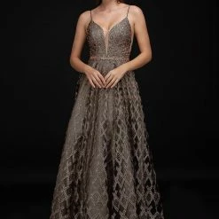 Nina Canacci 8191 Embellished A Line Prom Dress Plunging Neckline Evening Gown