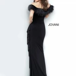 Mermaid Dresses Jovani 1147 Off The Shoulder Feather Trim Fitted Evening Gown