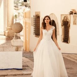 Ballgown Dresses White One Bridal JAZ Pronovias Wedding Dress Lace Ballgown Sheer Cap Sleeves Gown