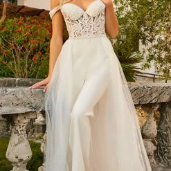 Jovani Bridal JB06507 Sheer Off The Shoulder Wedding Dress Jumpsuit Overskirt Beaded Bridal